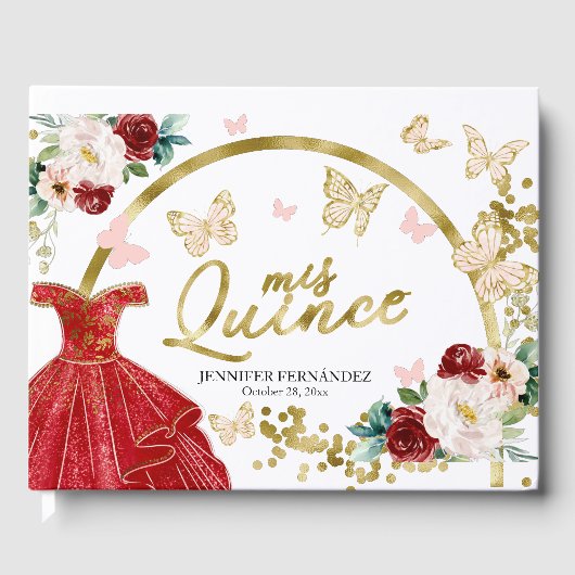 D'or Quinceanera Livre d'hôtes Papillon Robe rouge (Recto)