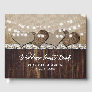 D'or Rustic Wood Burlap et dentelle Mariage livre d'hôt