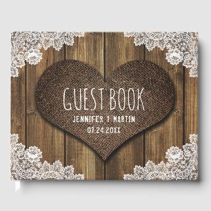 D'or Rustic Wood Burlap et dentelle Mariage livre d'hôt