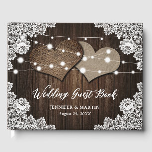 D'or Rustic Wood Burlap Hearts Mariage Livre d'invité