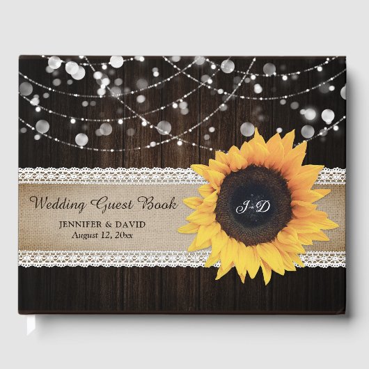 D'or Rustic Wood Burlap Sunflower Livre d'invité Mariag (Recto)