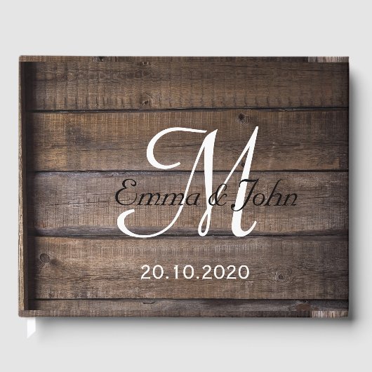 D'or Simple Rustic Wood Monogram Mariage Livre d'invité (Recto)