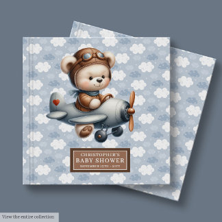 D'or Teddy Bear Pilote Baby shower d'invité Livre bleu