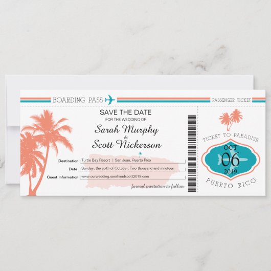 Dorado Beach Puerto Rico Boarding Pass Save The Date (Voorkant)