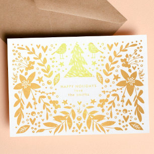 Dorée Carte de Noël Oiseaux et Fleurs Jolies Feuille d'O