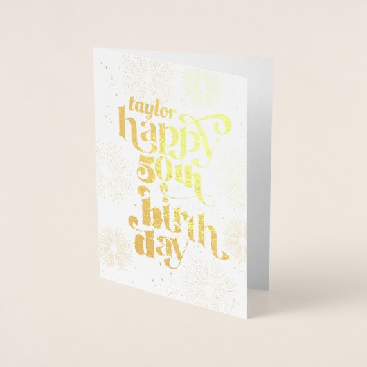 Dorée Gold Happy 50th Birthday avec nom carte de voeux (Devant)