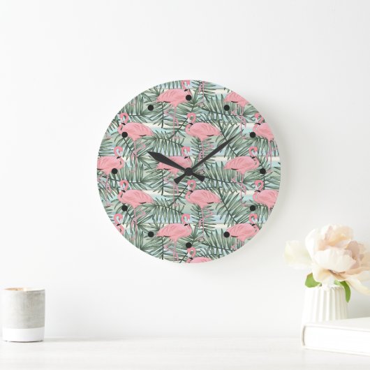 Dorm Clock with roze flamingoes Cute Palm Leafs Grote Klok (Huis)