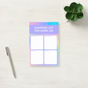 Dorm Shopping List met 4 Categorieën Paarse Post-it® Notes