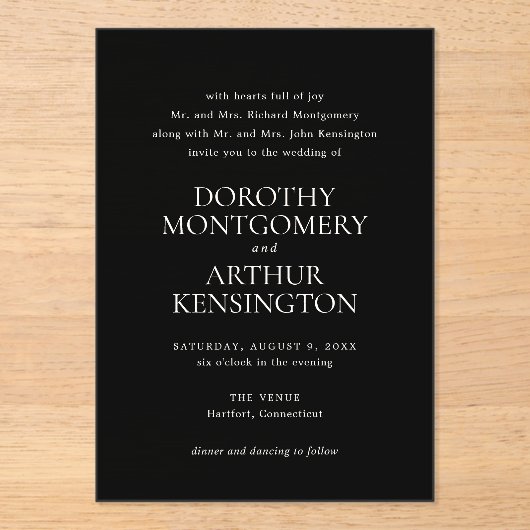 Dorothy Black Elegant Wedding Acryl Uitnodigingen (Voorkant)