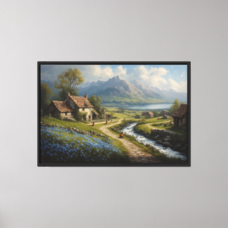 Dorp aan een rivier met bergen en blauwe bloemen canvas afdruk