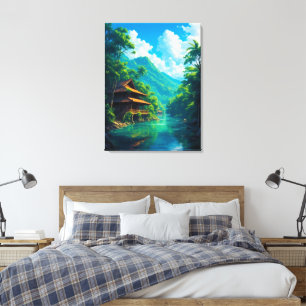 Dorp in de omarming van de natuur canvas afdruk