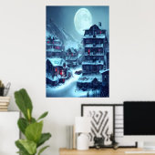 Dorp in de sneeuwberg 's nachts | AI Art. Poster (Thuiskantoor)
