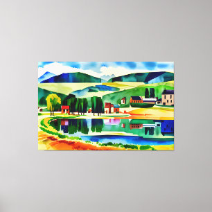 Dorp met uitzicht op rustige Lake Canvas Print