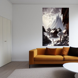 Dorp op de sneeuw en de berg   AI Art Poster