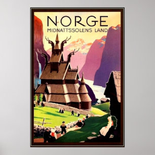 Dorps in Noorwegen, Noord-Europa, vintage reis Poster