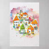 Dorpshuis Landschap landschap Natuur Waterverf Poster (Voorkant)