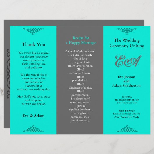 Dossier du programme de mariage gris Turquoise cla (Devant / Derrière)