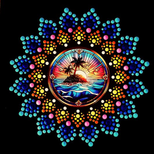 Dot je eigen mandala met een  zonsondergangscentru poster