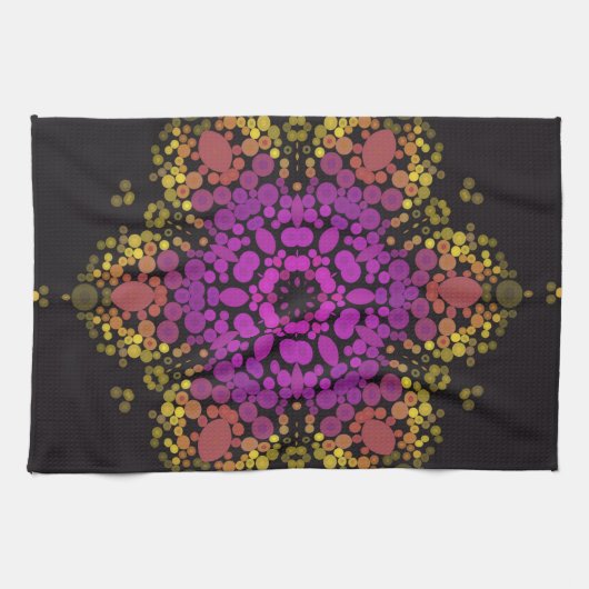 Dot Mandala Bloem Roze Geel en Zwart Theedoek (Horizontaal)