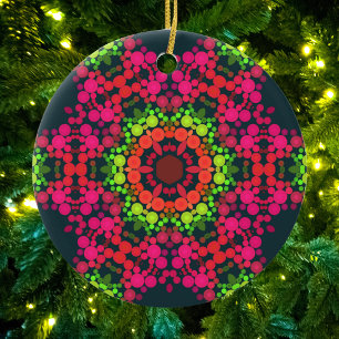 Dot Mandala Flower Pink Green en Oranje Keramisch Ornament