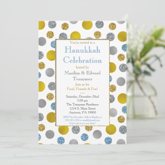 Dots Bleus Or Argent Hanoukka Invitation (Debout devant)