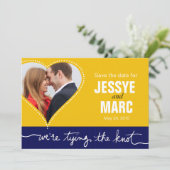 Dotted Heart Photo Sla de datum op gele marine Save The Date (Staand voorkant)