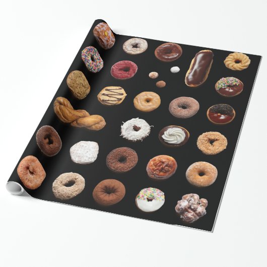 Dotty Donuts wrapping paper (zwart) Cadeaupapier (Uitgerold)