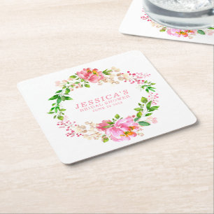 Douane Cute Pink Waterverf Flowers Shower Name Vierkante Kartonnen Onderzetter