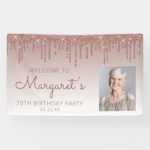 Douane Foto Roze Gouden Glitter Drip 70ste Verjaar Spandoek
