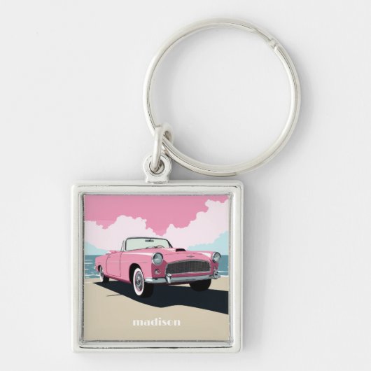 Douanenaam Roze Klassieke Auto Sleutelhanger (Voorkant)