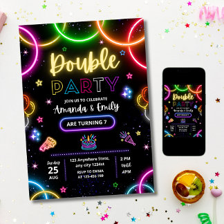 Double Anniversaire Invitation Jumeaux Néo-Néon An