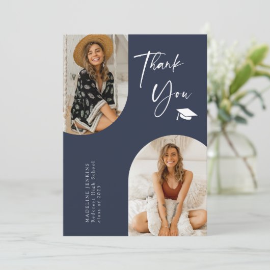 Double Arch Navy Blauw Afstuderen Foto Dank u Bedankkaart (Staand voorkant)