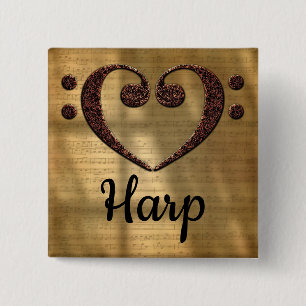 Double Bass Clef Heart Harp Vierkante Button 5,1 Cm
