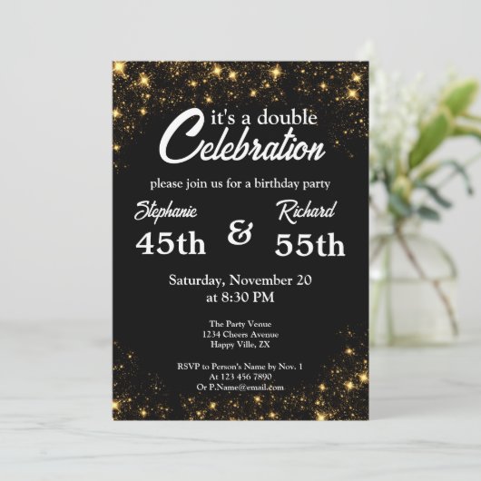Double Celebration Joint Verjaardag Goud Zwart Kaart (Staand voorkant)