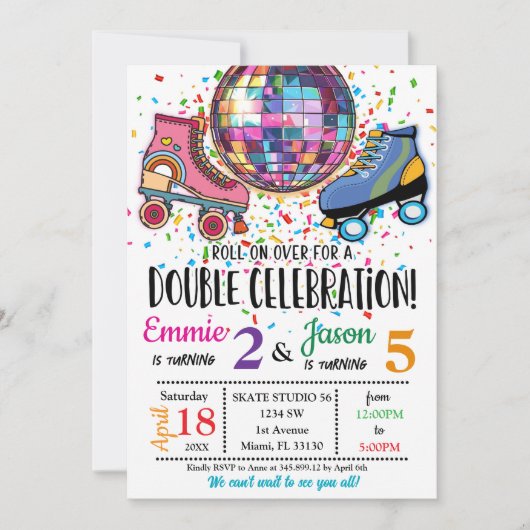 Double Célébration Roller Skating Disco Invitation (Devant)