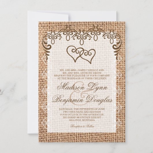 Double Coeur Rustique Burlap Invitations de mariag (Devant)