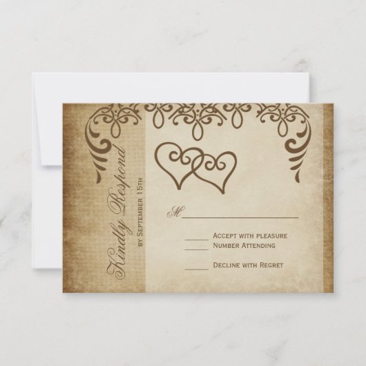 Double Coeurs Rustique Burlap Wedding Cartes RSVP (Devant)
