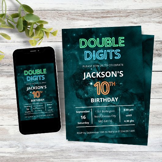 Double Digits Boys Neon Space 10th Birthday Kaart