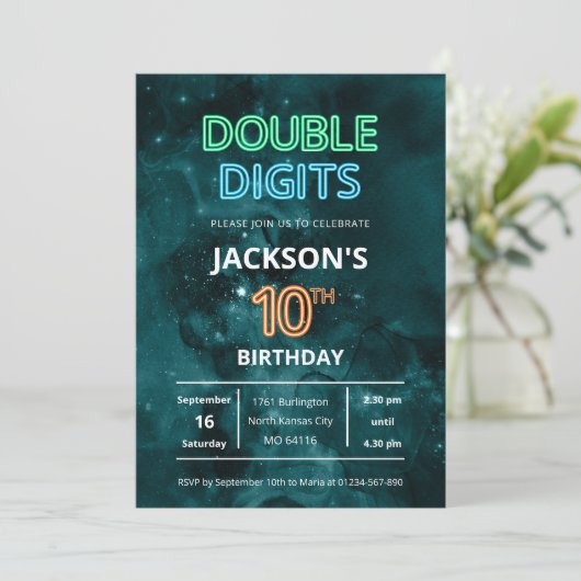 Double Digits Boys Neon Space 10th Birthday Kaart (Staand voorkant)