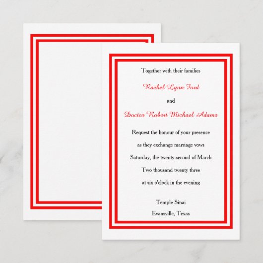 Double encadrement rouge - Invitation de mariage 3 (Devant / Derrière)