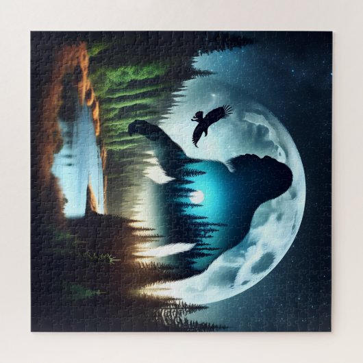 Double Exposure Bigfoot, Eagle and Full Moon Legpuzzel (Horizontaal)