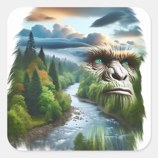 Double Exposure Bigfoot in Nature Vierkante Sticker (Voorkant)