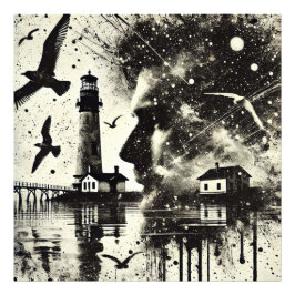 Double Exposure Man met vuurtoren en zeemeeuw Foto Afdruk