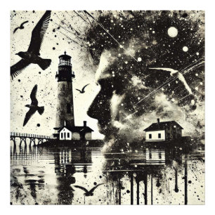 Double Exposure Man met vuurtoren en zeemeeuw Foto Afdruk