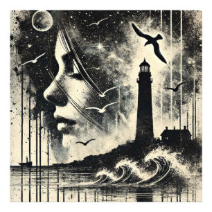 Double Exposure Meisje met vuurtoren en meeuw Foto Afdruk