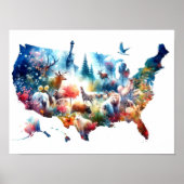 Double Exposure USA Kaart en Dieren Poster (Voorkant)