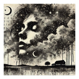 Double Exposure Vrouw met meeuwen en sterrenhemel Foto Afdruk