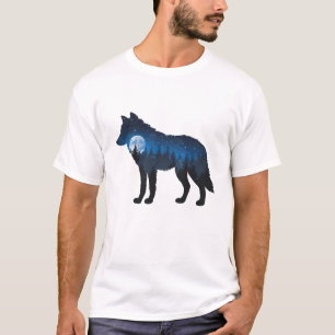 Double Exposure Wolf Silhouette Maanlicht en Sterr T-shirt