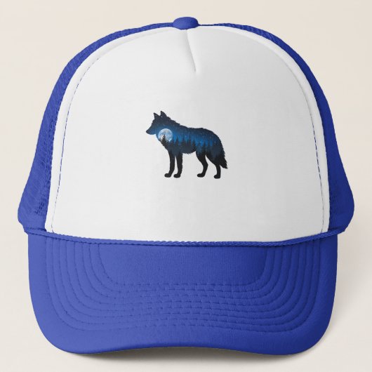 Double Exposure Wolf Silhouette Maanlicht en Sterr Trucker Pet (Voorkant)