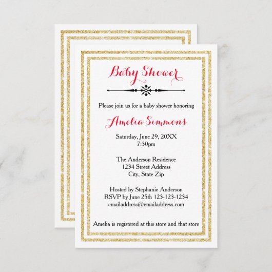 Double Gold Trim - Invitation Baby shower 3x5 (Devant / Derrière)